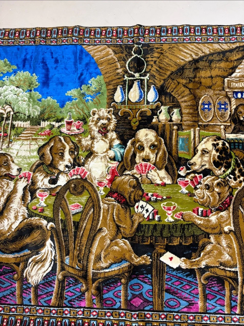 Decorative Dogs Playing Cards Wall Tapestry - Blue & Brown vintage